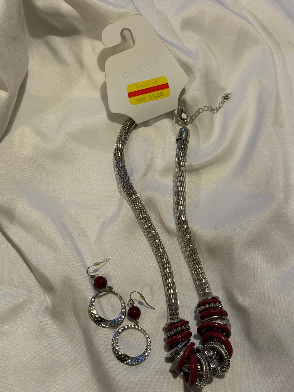 Silver Necklace with Red Accent Rings and Matching Earrings